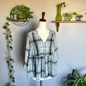 Torrid Black & Gray Plaid Blouse w/ Golden Accents and Buttons on Chest